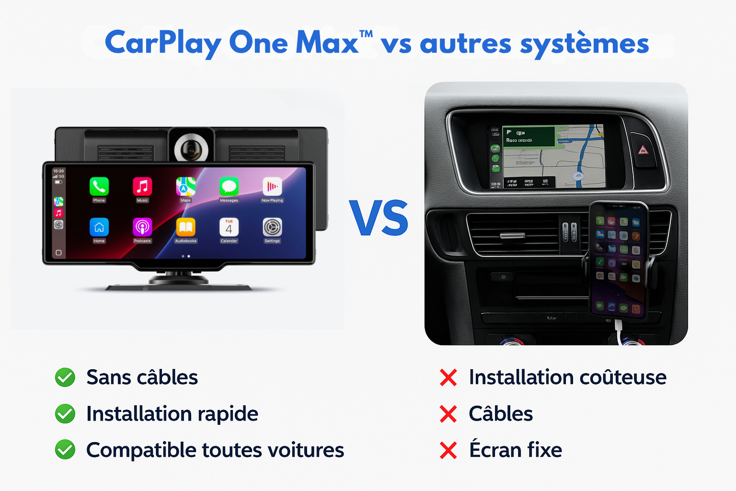 CarPlay One Max™ – Modernisez votre voiture en 3 minutes – sans câbles, sans outils, 100 % sans fil.