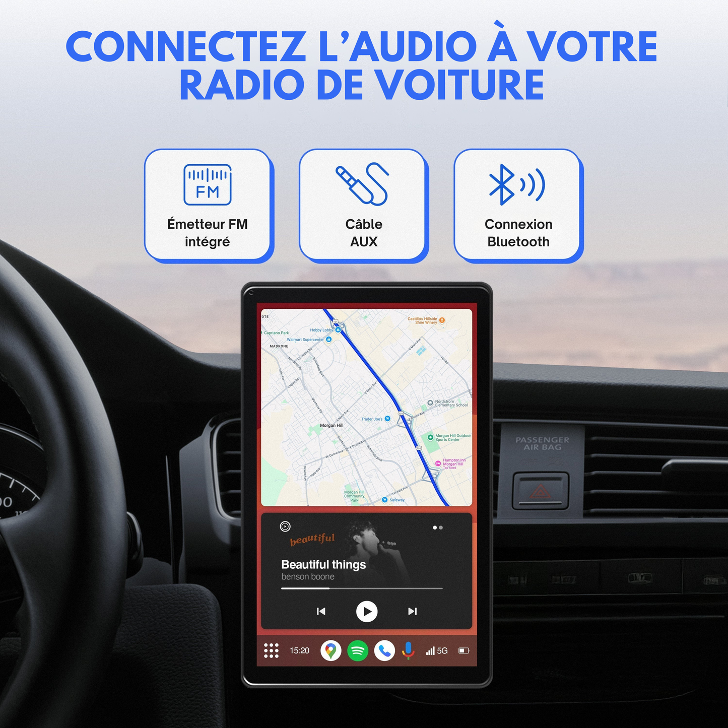 CarPlay One Ultra – connexion audio via Bluetooth, câble AUX ou émetteur FM intégré pour voiture