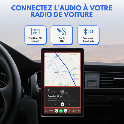 CarPlay One Ultra – connexion audio via Bluetooth, câble AUX ou émetteur FM intégré pour voiture